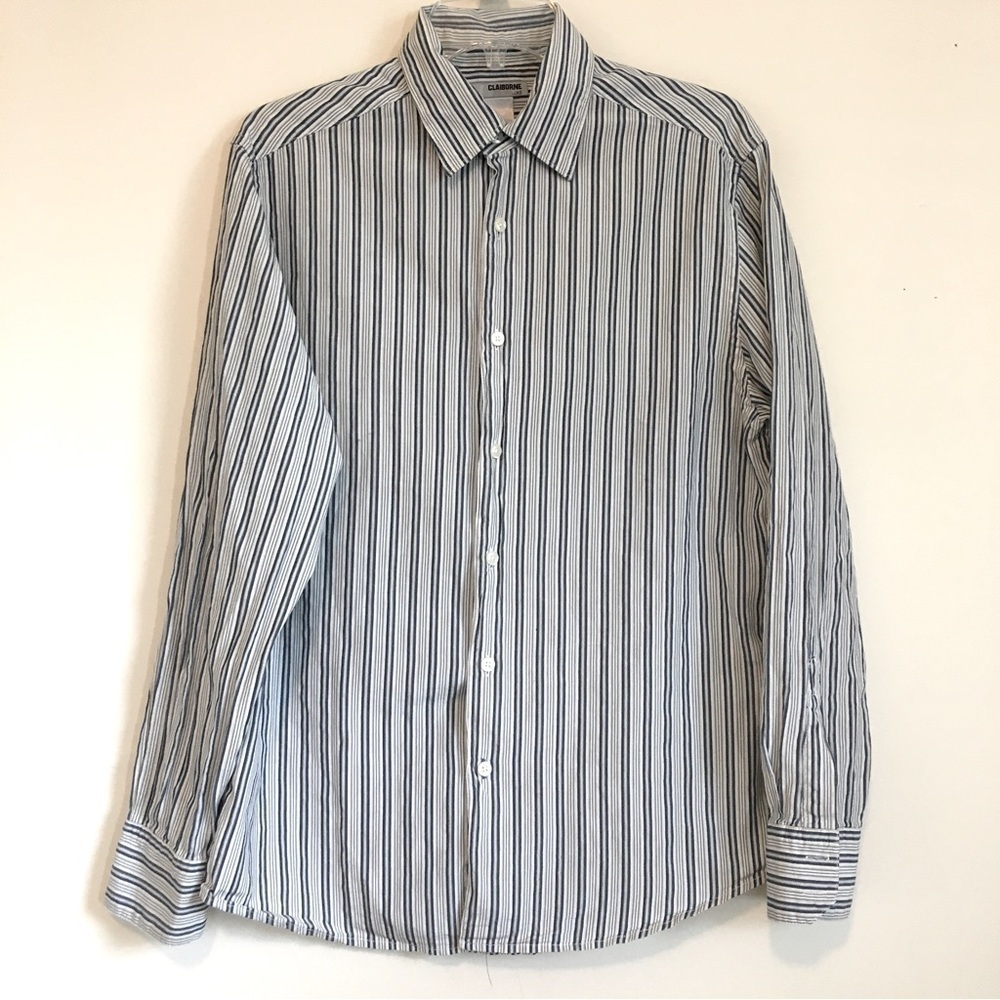 Claiborne Luxe Mens white blue Striped Silk Cotton Blend Button Down Shirt